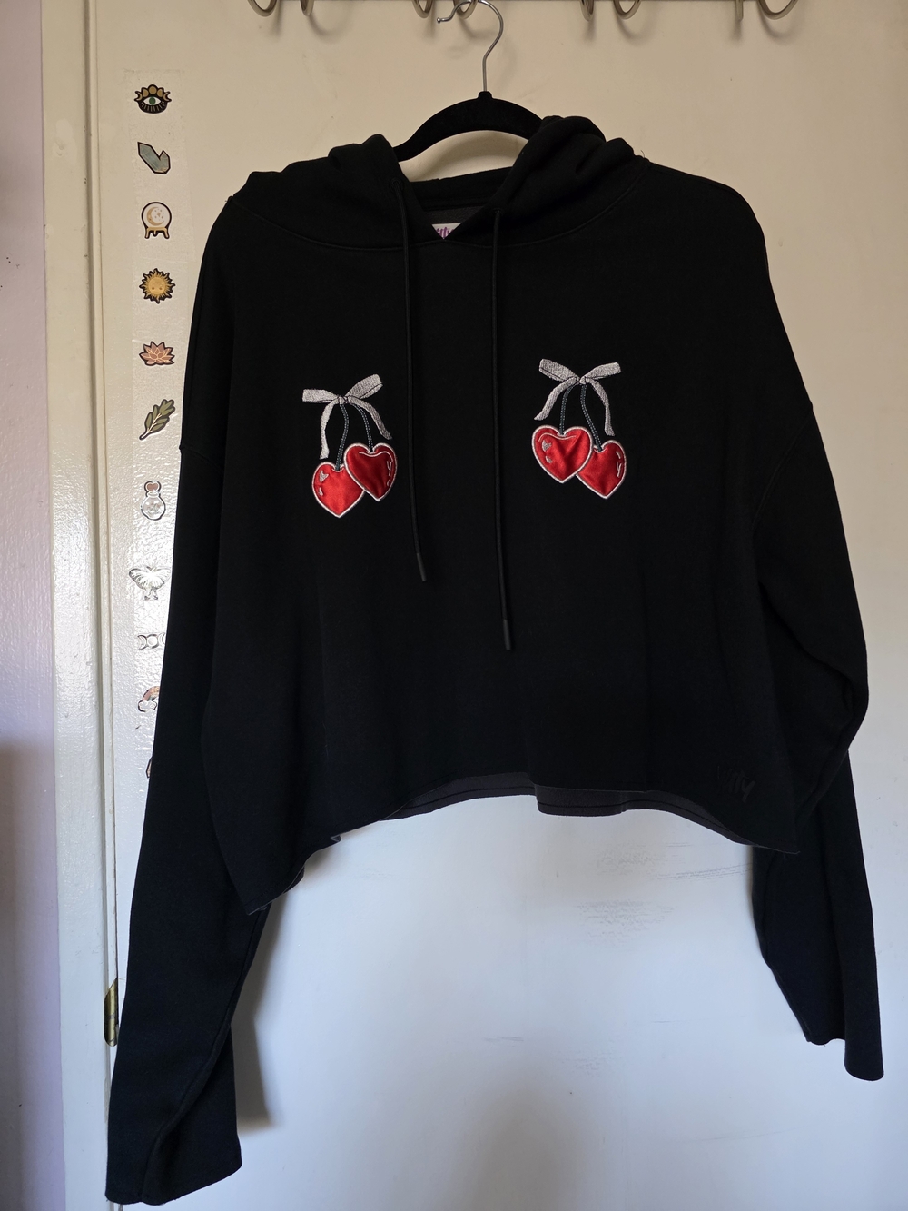 YITTY Black Cropped Hoodie Sweater with Red Cherry Heart Patches